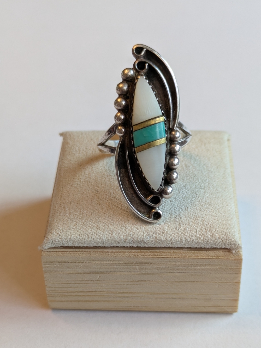 Sterling Silver Inlay Ring Turquoise MOP Brass Sz 6.25 Navette Southwest Style